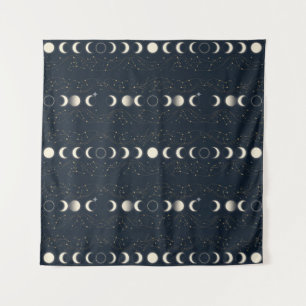 Minimalist Lunar Phases Pattern with Stars and Nig Tapestry