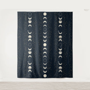 Minimalist Lunar Phases Pattern with Stars and Nig Tapestry