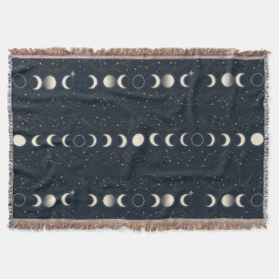 Minimalist Lunar Phases Pattern with Stars and Nig Throw Blanket