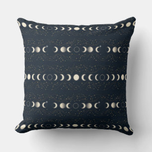 Minimalist Lunar Phases Pattern with Stars and Nig Throw Pillow
