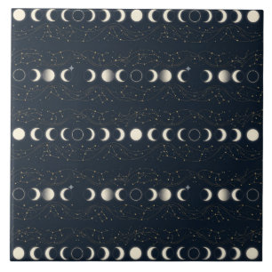 Minimalist Lunar Phases Pattern with Stars and Nig Tile