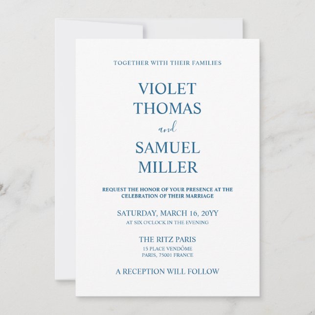 Minimalist Luxury Blue Wedding  Invitation (Front)