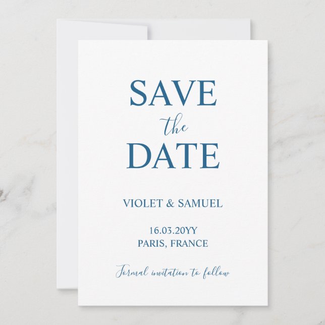 Minimalist Luxury Blue Wedding Save the Date (Front)