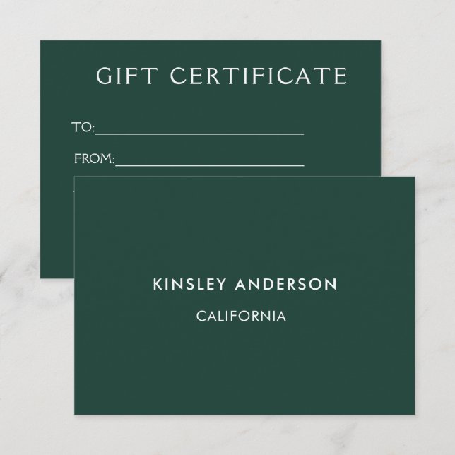 Minimalist Luxury Emerald Green Gift Certificate (Front/Back)