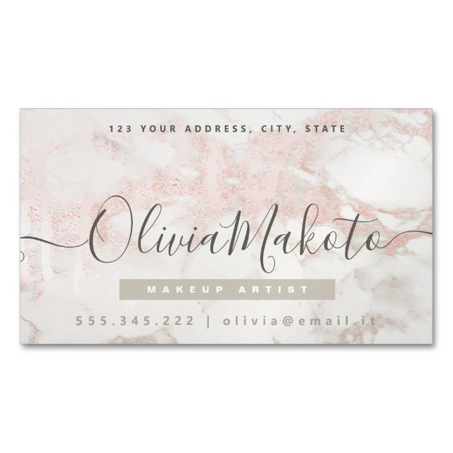 Minimalist Luxury Script Marble Pink Design Magnetic Business Card (Front)