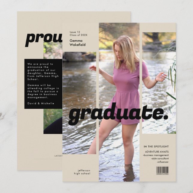 Minimalist Magazine Cover Trendy Grad Photo Invitation (Front/Back)