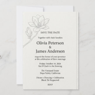 Minimalist Magnolia Branch Line Art Wedding Invitation