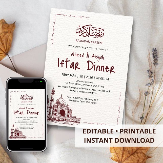Minimalist Maroon Sketch Mosque Ramadan Iftar Invitation (Creator Uploaded)