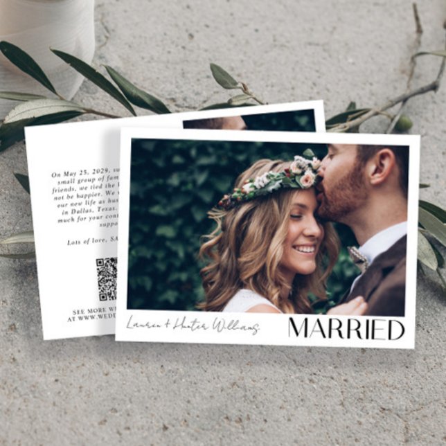 Minimalist Married 2 Photo Script QR Code Wedding Announcement (Creator Uploaded)