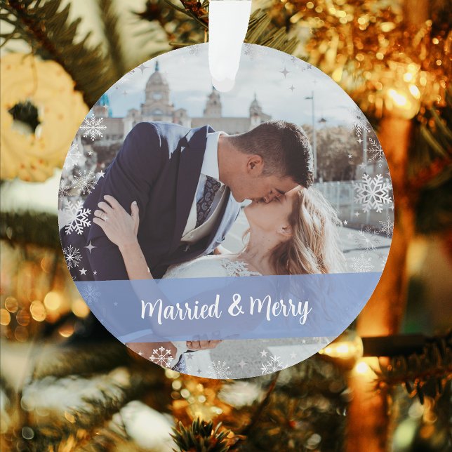 Minimalist Married & Merry Our First Xmas 2 Photos Ornament (Our First Christmas Together Married & Merry Elegant Modern Personalized Names 2 Photos Snowflakes)