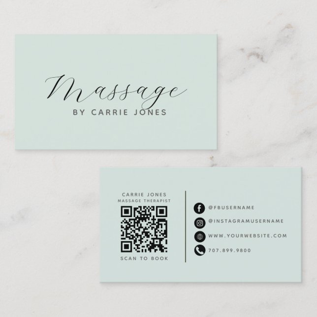 Minimalist Massage Therapist QR Code  Business Card (Front/Back)