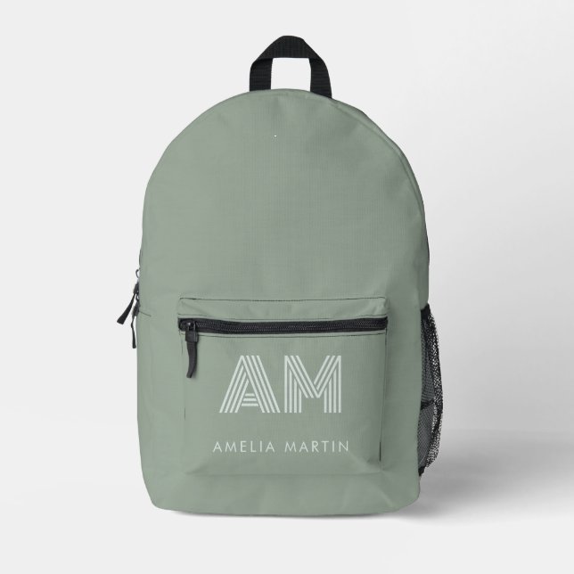 Minimalist Matcha Sage Green Custom Monogram  Printed Backpack (Front)