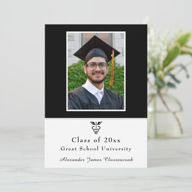 Minimalist Medical Graduate Modern Black White  Announcement (Standing Front)