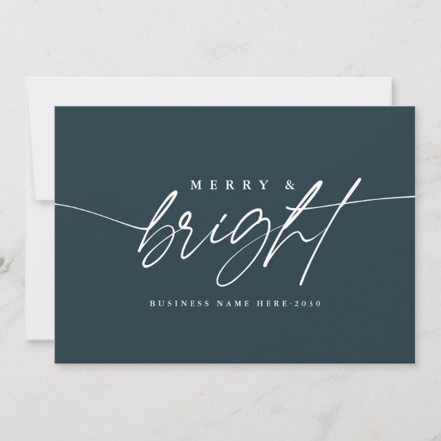Minimalist Merry and Bright Script Business Holiday Card (Front)