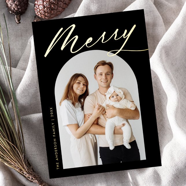 Minimalist Merry Black and Gold Script 2 Photo Foil Holiday Card (Creator Uploaded)