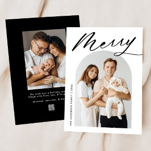Minimalist Merry Black Script 2 Photo Holiday Card