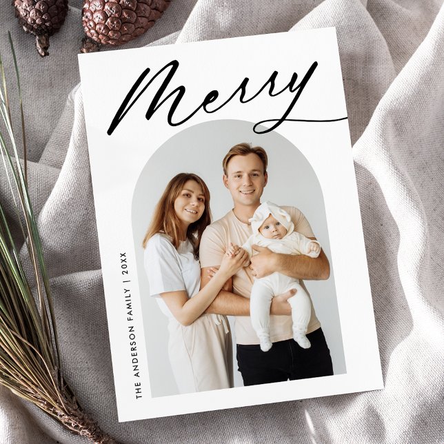 Minimalist Merry Black Script Arch Photo Holiday Card (Creator Uploaded)