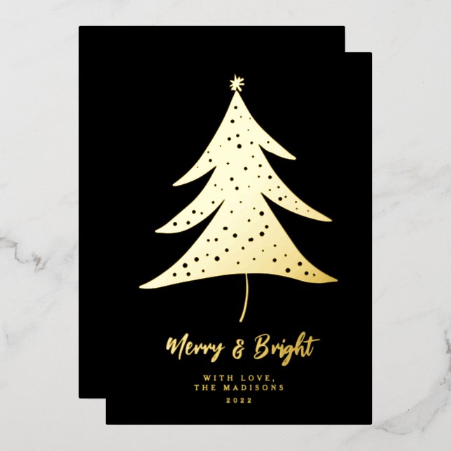 Minimalist Merry & Bright Christmas Tree  Foil Holiday Card (Front/Back)