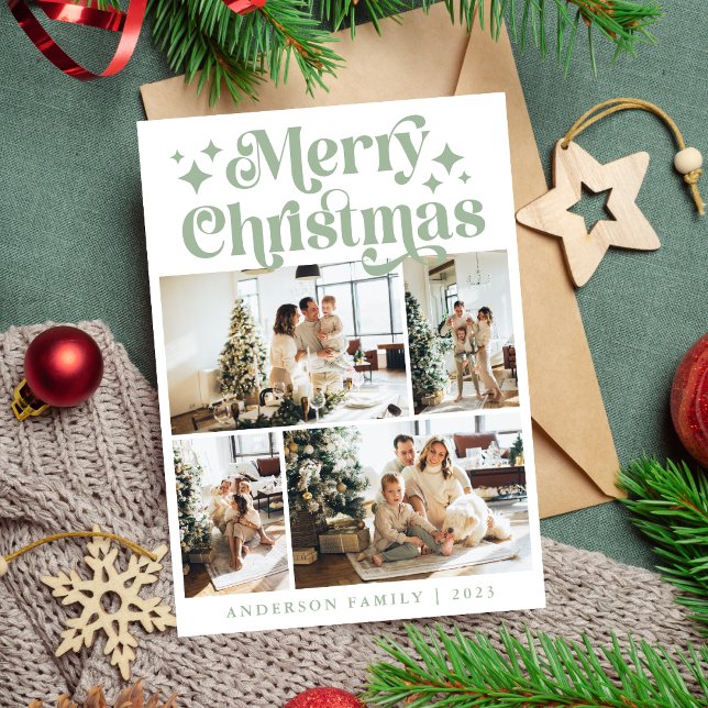 Minimalist Merry Christmas 4 Photo Retro Green Holiday Card (Creator Uploaded)