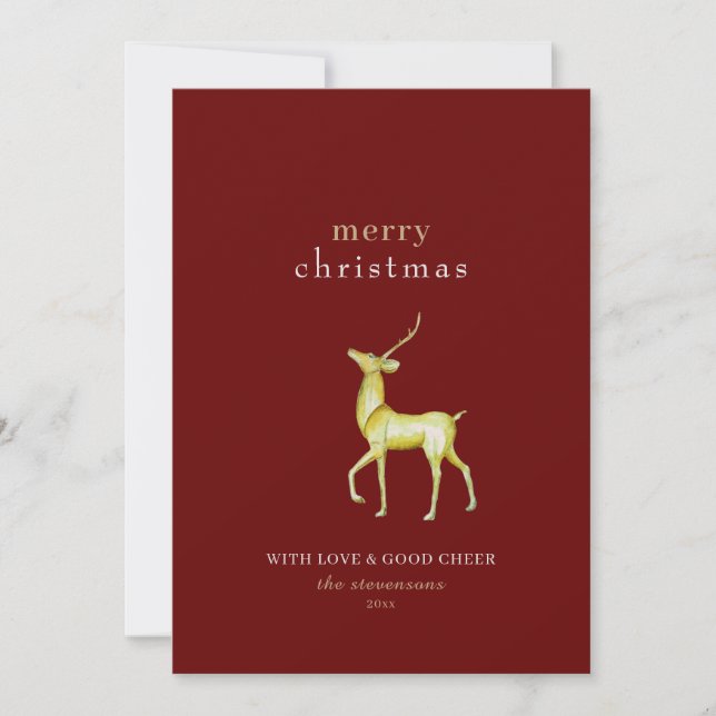 Minimalist Merry Christmas Gold Reindeer Holiday Card (Front)