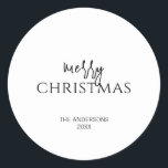 Minimalist Merry Christmas Holiday Classic Round Sticker<br><div class="desc">Minimalist Merry Christmas Holiday Classic Round Sticker. Personalize the custom text above. The background colours used in this collection can be customized as well. You can find additional coordinating items in our "Minimalist Collection of Holiday Sentiments"</div>