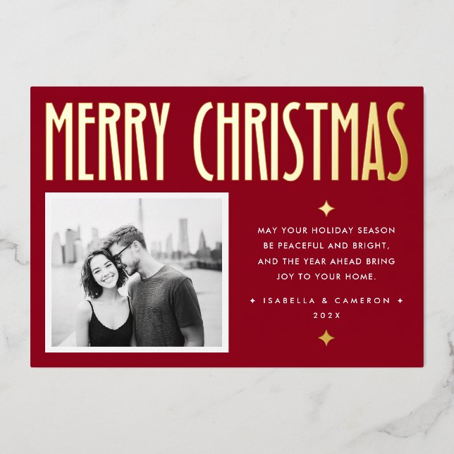 Minimalist Merry Christmas modern retro deep red Foil Holiday Card (Front)