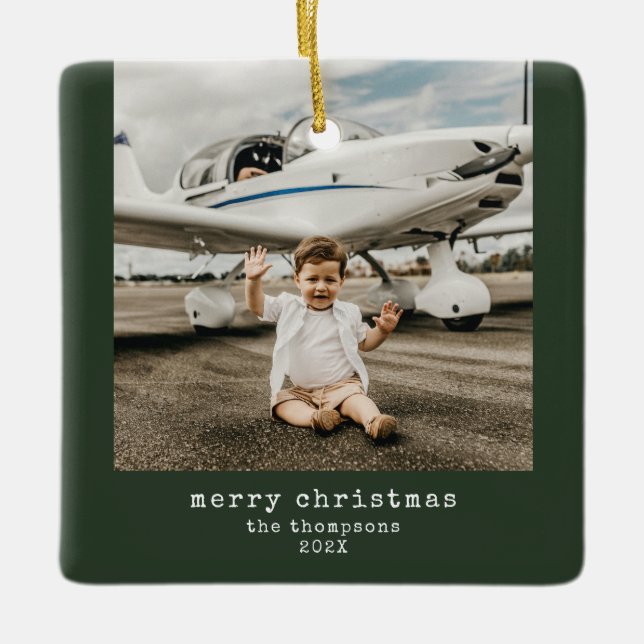 Minimalist Merry Christmas Personalized Photo  Ceramic Ornament (Front)