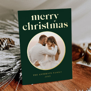 Minimalist Merry Christmas Photo Green and Gold Foil Holiday Card