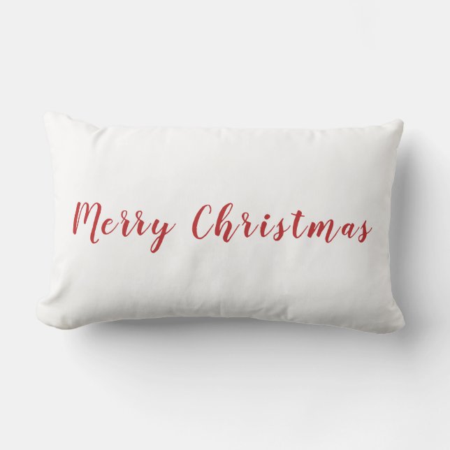 Minimalist Merry Christmas Red Text White Lumbar Pillow (Front)