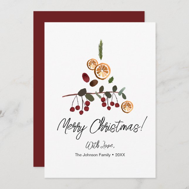 Minimalist Merry Christmas Rustic Tree foliage  Holiday Card (Front/Back)