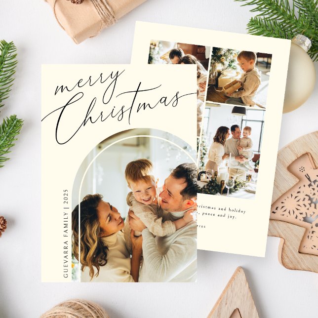 Minimalist Merry Christmas Script Five Photo Beige Holiday Card (Creator Uploaded)