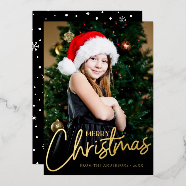 Minimalist Merry Christmas Script Photo  Foil Holiday Card (Front/Back)