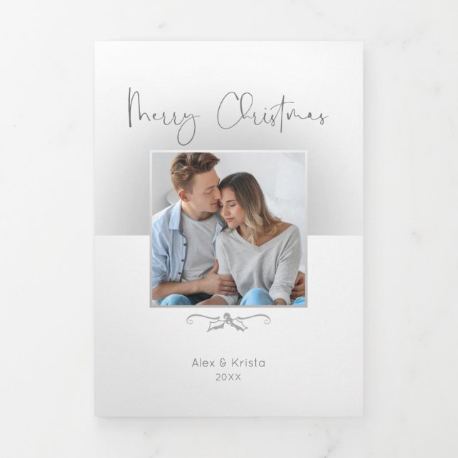 Minimalist Merry Christmas Script/Photo-Silver Tri-Fold Card (Cover)