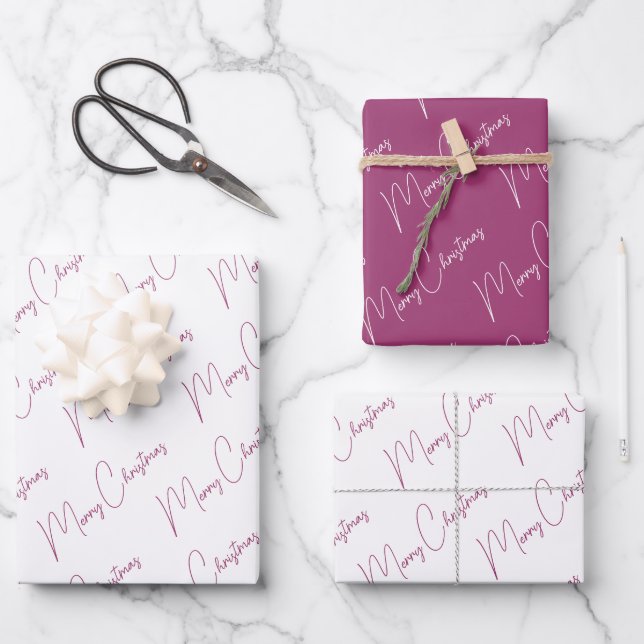 Minimalist Merry Christmas Script Purple Wrapping Paper Sheet (Front)