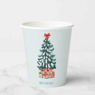 Minimalist Merry Christmas Snowy Pine Tree Paper Cups