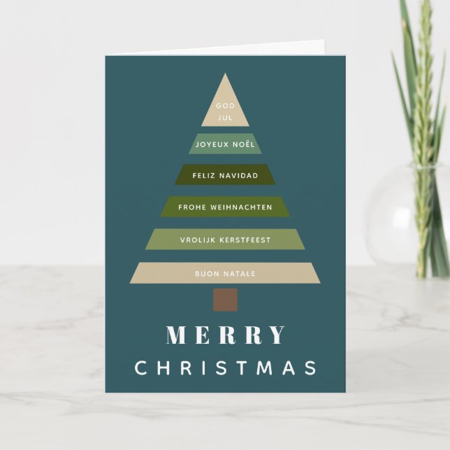 Minimalist Merry Christmas Tree Multiple Languages Card (Front)