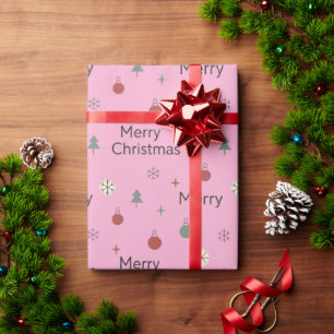 Minimalist Merry Christmas Tree pink background Wrapping Paper