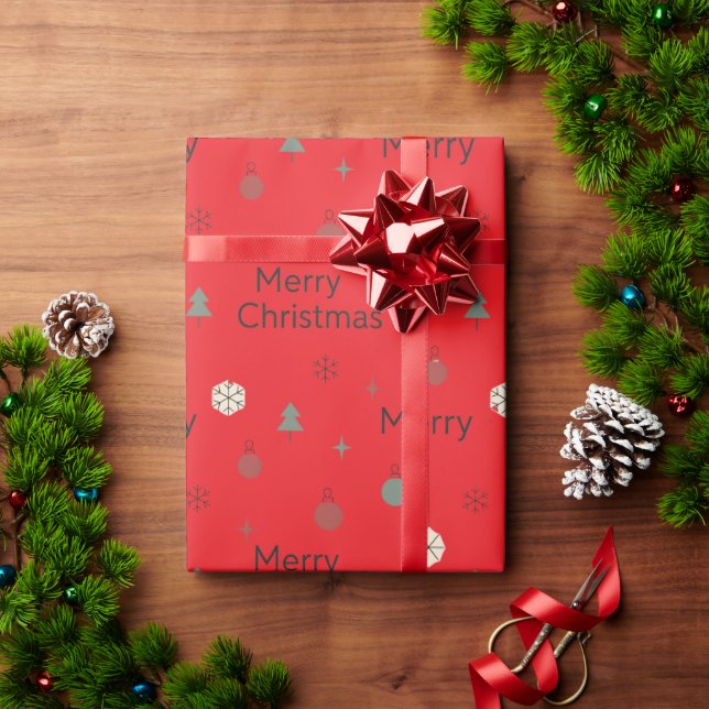 Minimalist Merry Christmas Tree red background  Wrapping Paper (Holiday Gift)