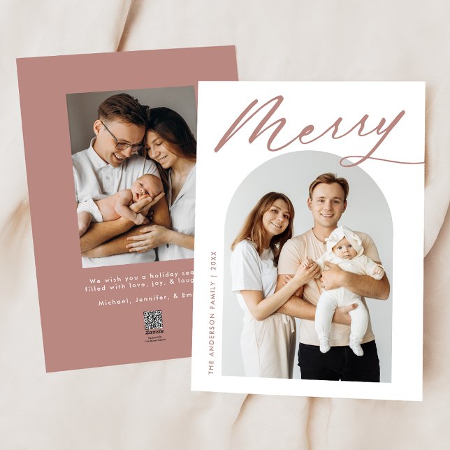 Minimalist Merry Dusty Rose Script 2 Photo Holiday Card (Creator Uploaded)