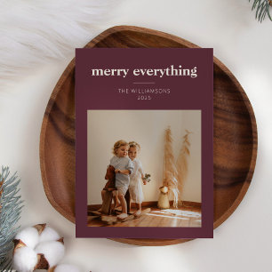 Minimalist Merry Everything Custom Photo Burgundy Holiday Card