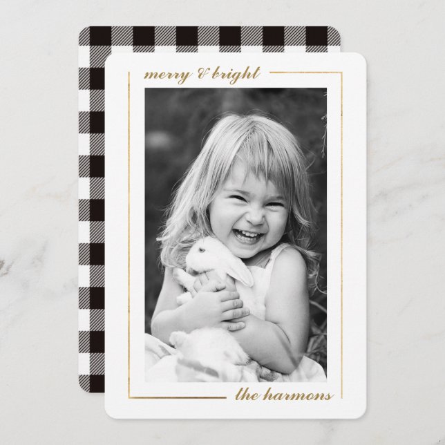 Minimalist Merry Gold Framed Photo Christmas card (Front/Back)