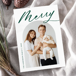 Minimalist Merry Green Script Arch Photo Holiday Card