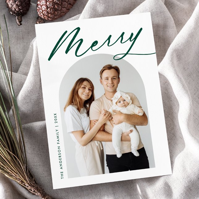 Minimalist Merry Green Script Arch Photo Holiday Card (Creator Uploaded)