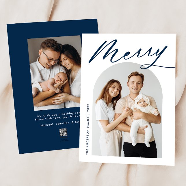 Minimalist Merry Navy Script 2 Photo Holiday Card (Creator Uploaded)