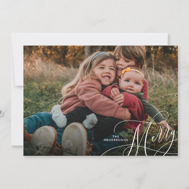 Minimalist Merry Script Holiday Photo  Card (Front)