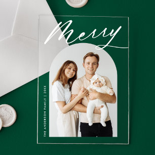 Minimalist Merry White Script Arch Photo Holiday Acrylic Invitations