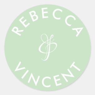 Minimalist Mint Green Wedding Personalised Names Classic Round Sticker