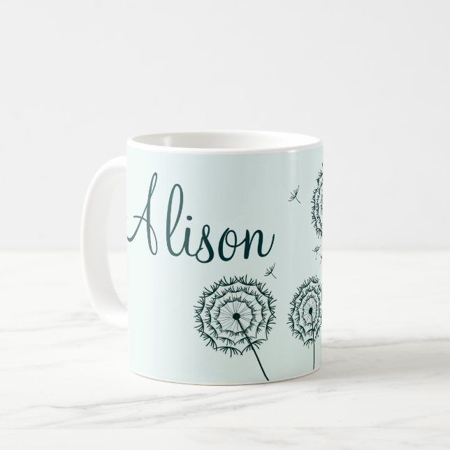 Minimalist Mint White Dandelion Flowers Name  Coffee Mug (Front Left)