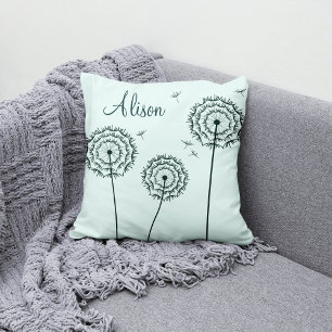 Minimalist Mint White Dandelion Flowers Name  Throw Pillow