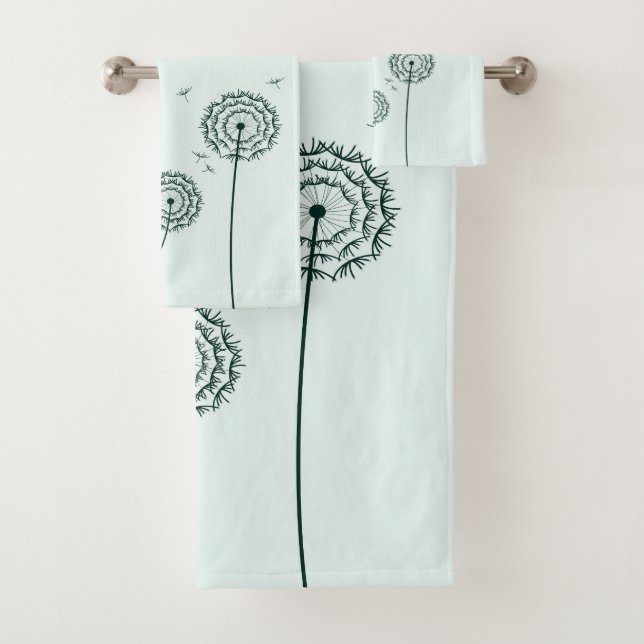 Minimalist Mint  White Dandelion Monogram Floral  Bath Towel Set (Insitu)